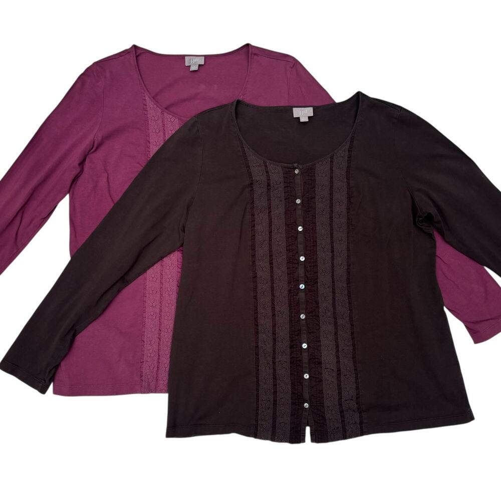 J.Jill Two Long Sleeve 100% Cotton Knit Shirts Size L Lace Button Up